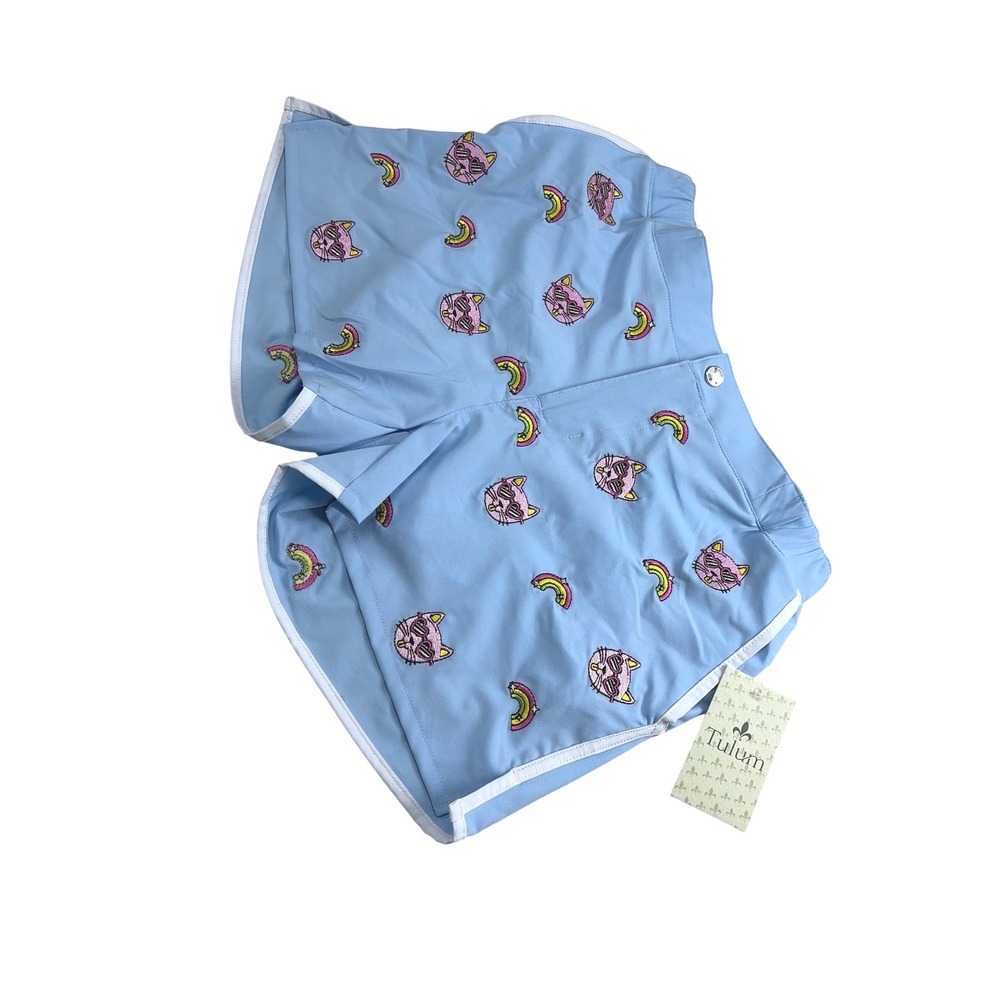 Tulum‎ Light Blue Embroidered Cat and Rainbow Swim Trunks Shorts NWT